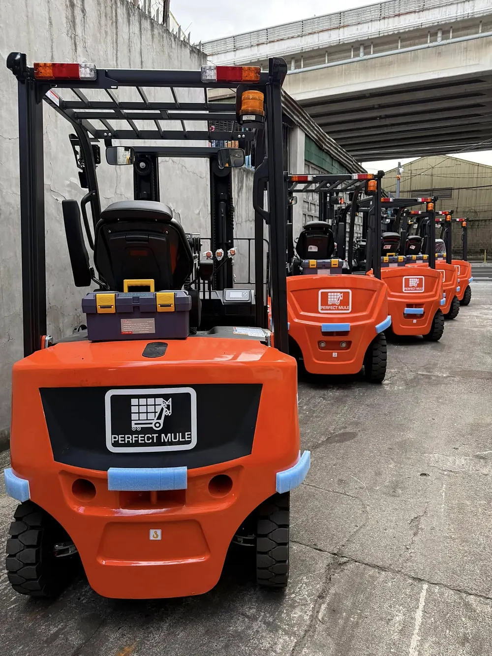 Row of new orange lithium-ion forklifts lined up, seen from behind